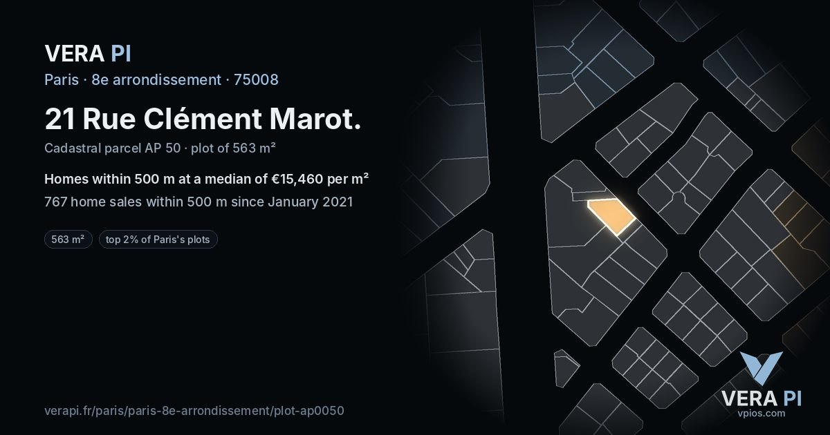 21 Rue Clément Marot, 8e arrondissement at night – the plot lit, the parcels around coloured by the prices near them