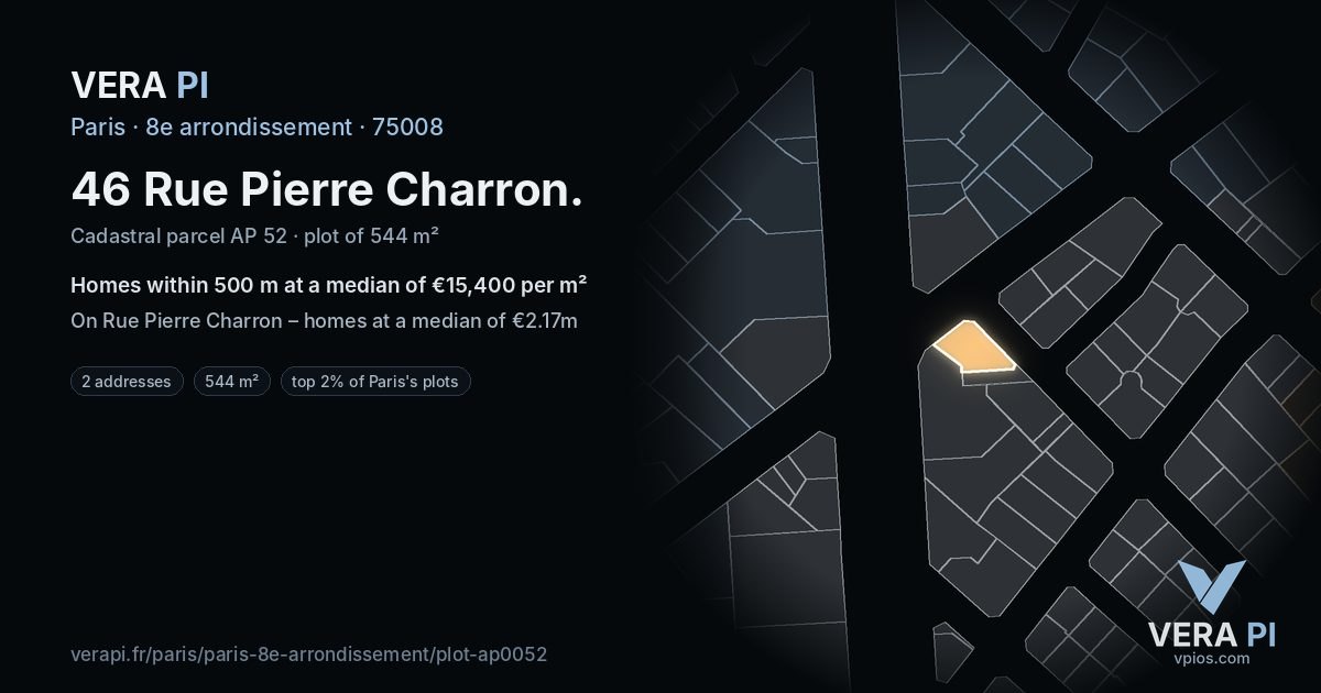 46 Rue Pierre Charron, 8e arrondissement at night – the plot lit, the parcels around coloured by the prices near them