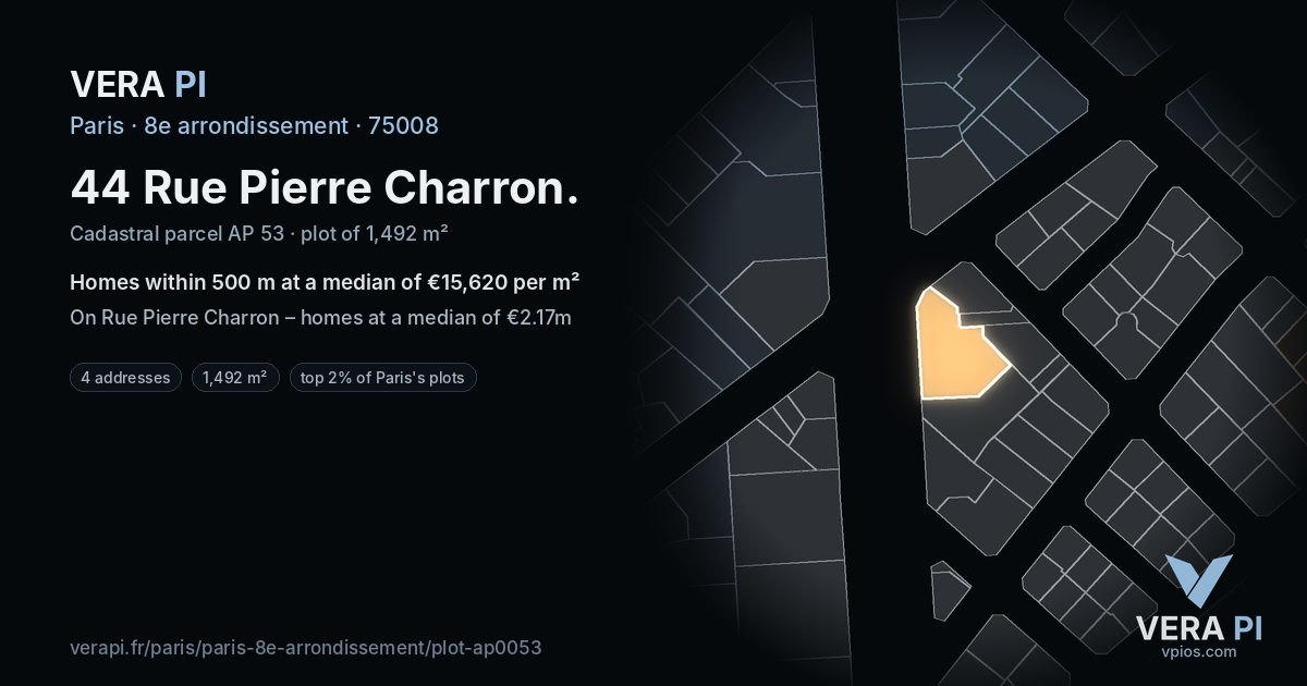 44 Rue Pierre Charron, 8e arrondissement at night – the plot lit, the parcels around coloured by the prices near them