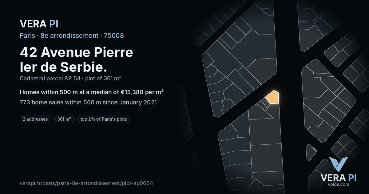 42 Avenue Pierre Ier de Serbie, 8e arrondissement at night – the plot lit, the parcels around coloured by the prices near them