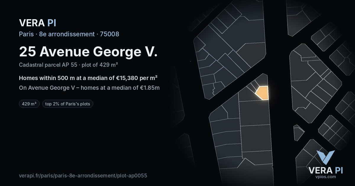 25 Avenue George V, 8e arrondissement at night – the plot lit, the parcels around coloured by the prices near them