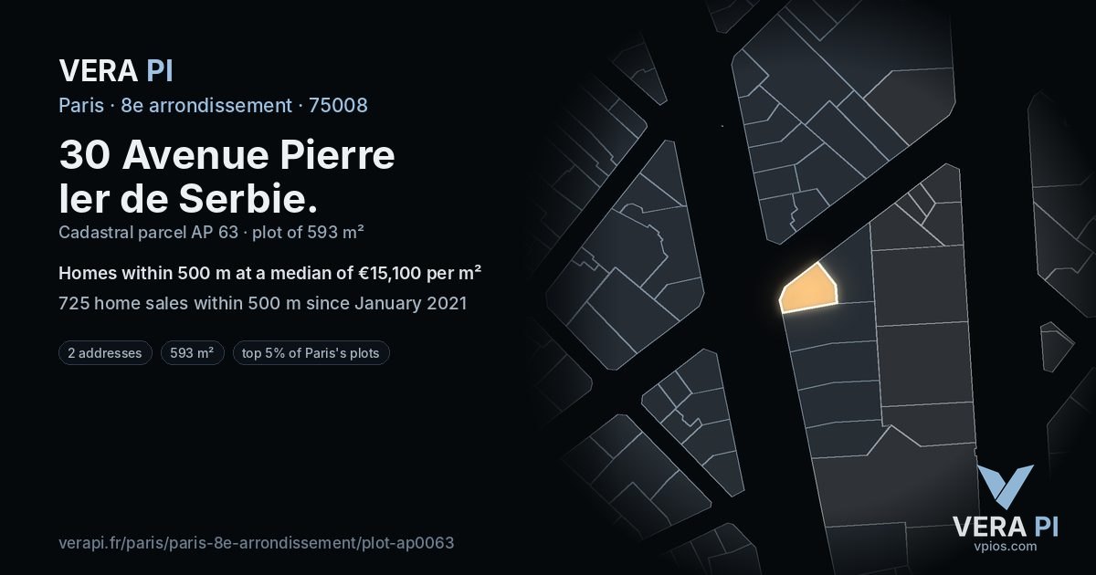 30 Avenue Pierre Ier de Serbie, 8e arrondissement at night – the plot lit, the parcels around coloured by the prices near them