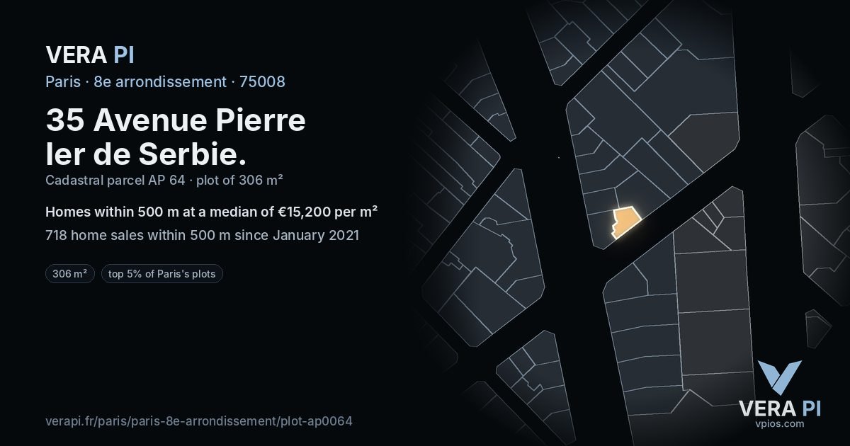 35 Avenue Pierre Ier de Serbie, 8e arrondissement at night – the plot lit, the parcels around coloured by the prices near them