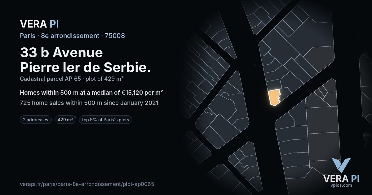 33 b Avenue Pierre Ier de Serbie, 8e arrondissement at night – the plot lit, the parcels around coloured by the prices near them