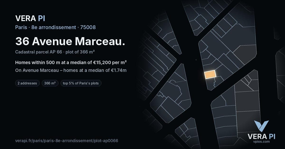 36 Avenue Marceau, 8e arrondissement at night – the plot lit, the parcels around coloured by the prices near them