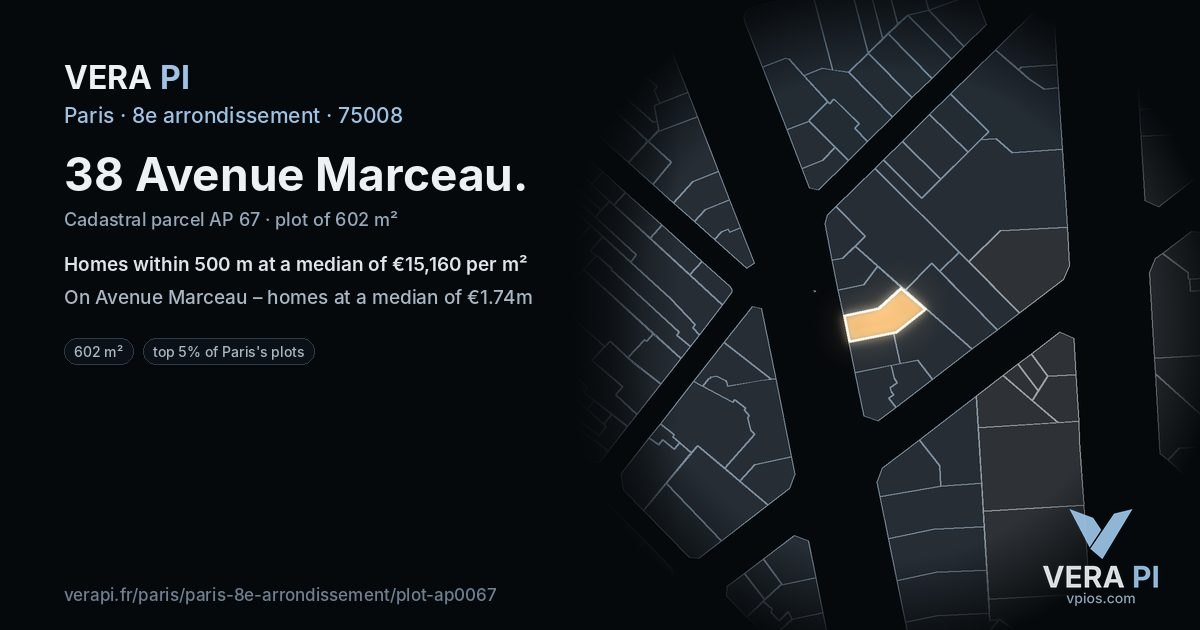 38 Avenue Marceau, 8e arrondissement at night – the plot lit, the parcels around coloured by the prices near them