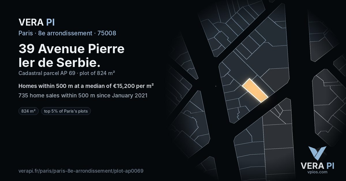 39 Avenue Pierre Ier de Serbie, 8e arrondissement at night – the plot lit, the parcels around coloured by the prices near them