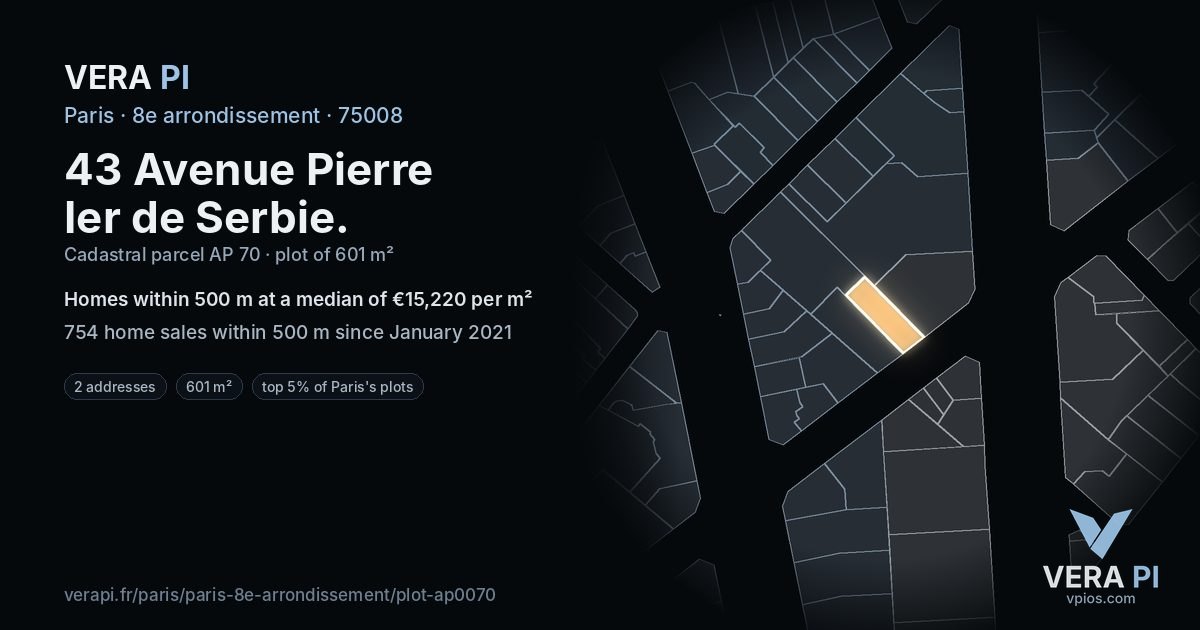 43 Avenue Pierre Ier de Serbie, 8e arrondissement at night – the plot lit, the parcels around coloured by the prices near them
