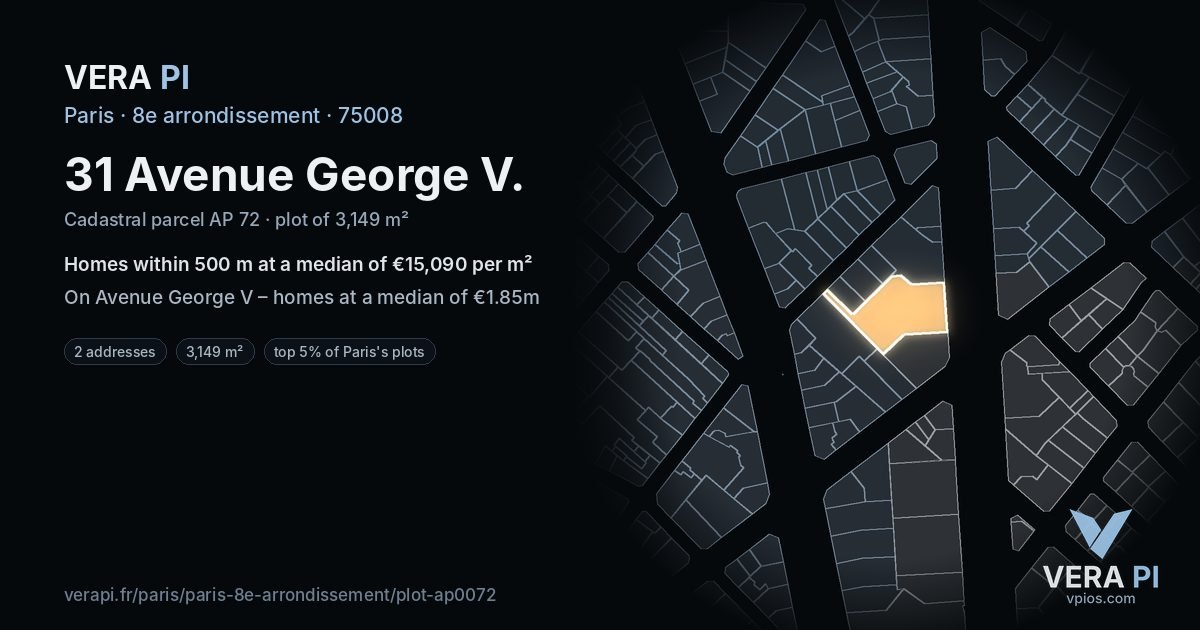 31 Avenue George V, 8e arrondissement at night – the plot lit, the parcels around coloured by the prices near them