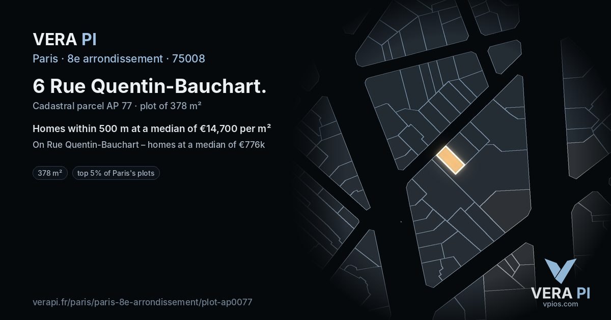 6 Rue Quentin-Bauchart, 8e arrondissement at night – the plot lit, the parcels around coloured by the prices near them