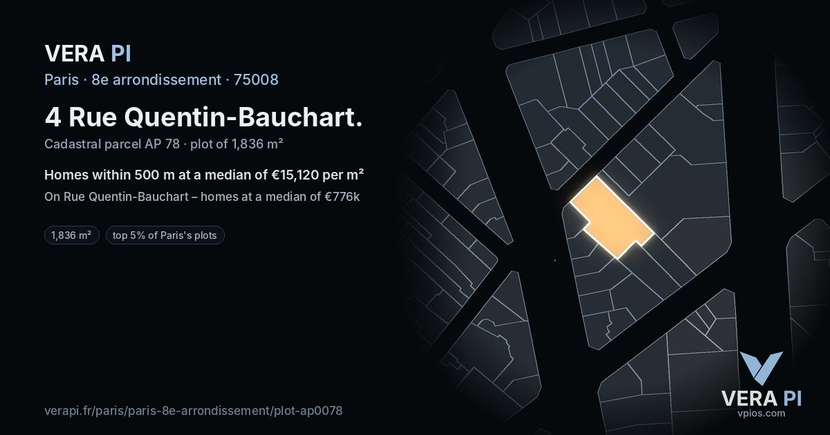 4 Rue Quentin-Bauchart, 8e arrondissement at night – the plot lit, the parcels around coloured by the prices near them