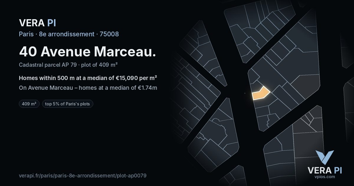 40 Avenue Marceau, 8e arrondissement at night – the plot lit, the parcels around coloured by the prices near them