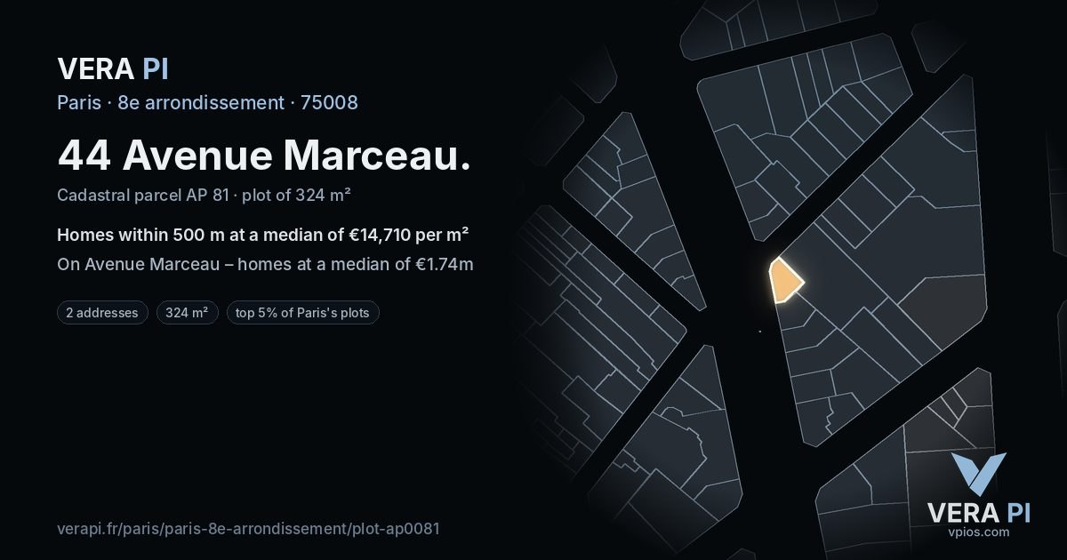 44 Avenue Marceau, 8e arrondissement at night – the plot lit, the parcels around coloured by the prices near them