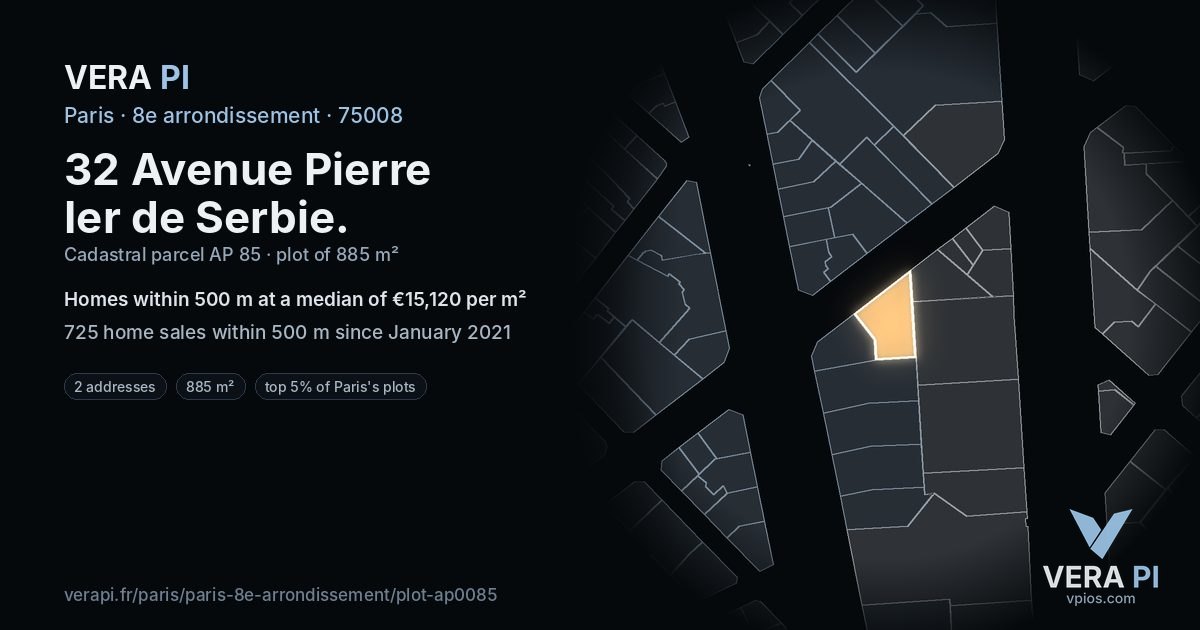 32 Avenue Pierre Ier de Serbie, 8e arrondissement at night – the plot lit, the parcels around coloured by the prices near them