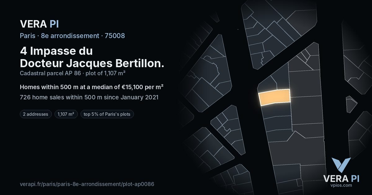 4 Impasse du Docteur Jacques Bertillon, 8e arrondissement at night – the plot lit, the parcels around coloured by the prices near them