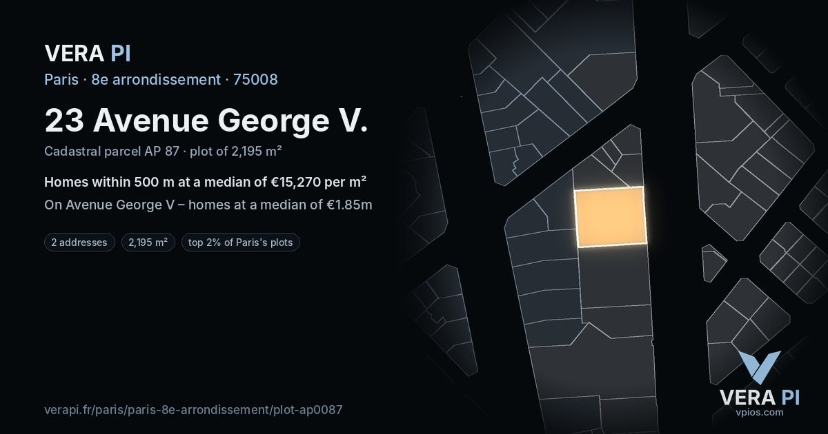 23 Avenue George V, 8e arrondissement at night – the plot lit, the parcels around coloured by the prices near them