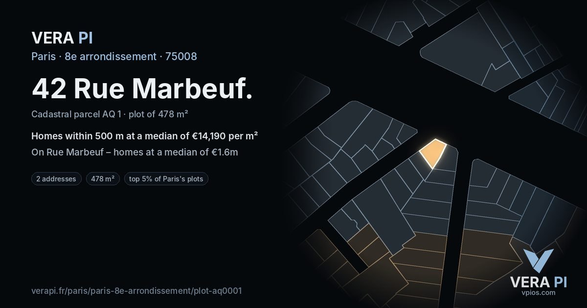 42 Rue Marbeuf, 8e arrondissement at night – the plot lit, the parcels around coloured by the prices near them