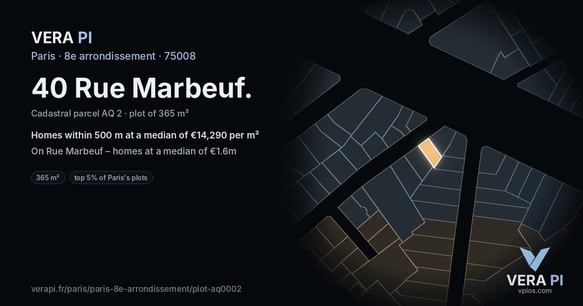 40 Rue Marbeuf, 8e arrondissement at night – the plot lit, the parcels around coloured by the prices near them