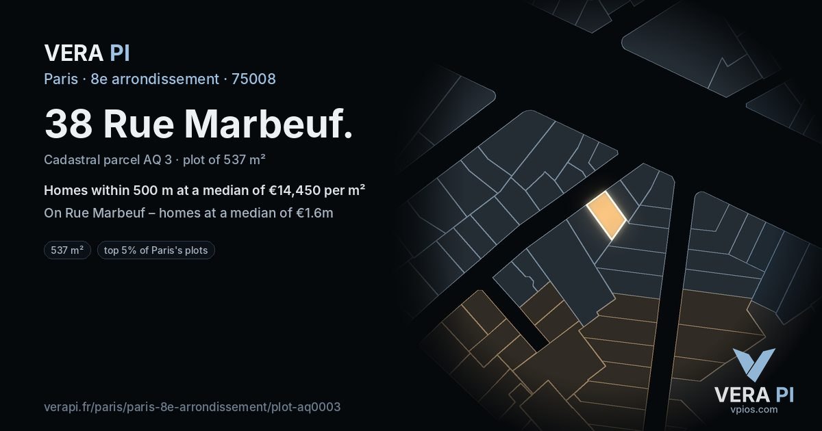 38 Rue Marbeuf, 8e arrondissement at night – the plot lit, the parcels around coloured by the prices near them