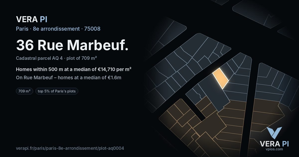 36 Rue Marbeuf, 8e arrondissement at night – the plot lit, the parcels around coloured by the prices near them