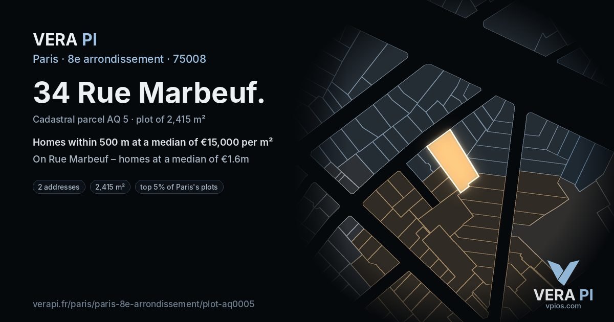 34 Rue Marbeuf, 8e arrondissement at night – the plot lit, the parcels around coloured by the prices near them