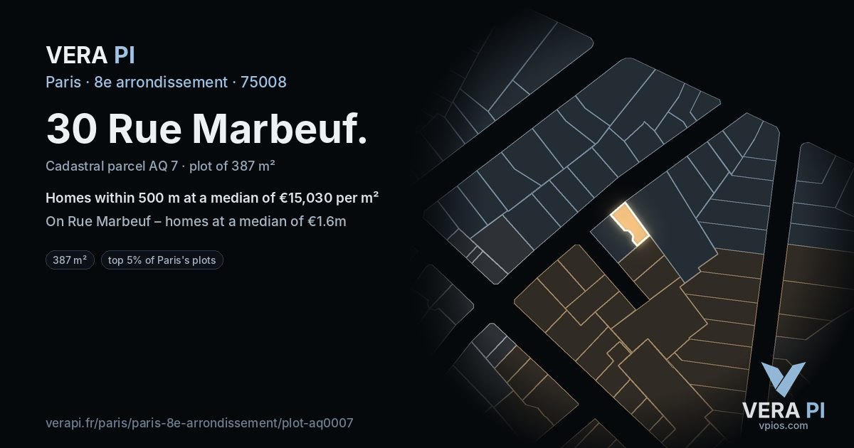30 Rue Marbeuf, 8e arrondissement at night – the plot lit, the parcels around coloured by the prices near them