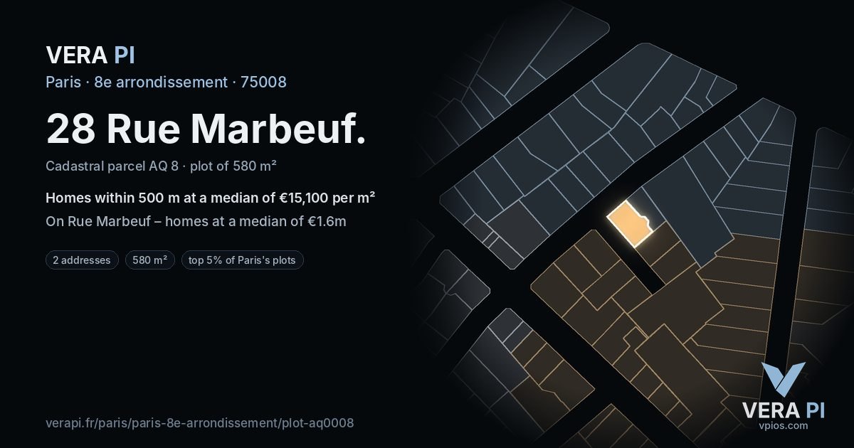 28 Rue Marbeuf, 8e arrondissement at night – the plot lit, the parcels around coloured by the prices near them