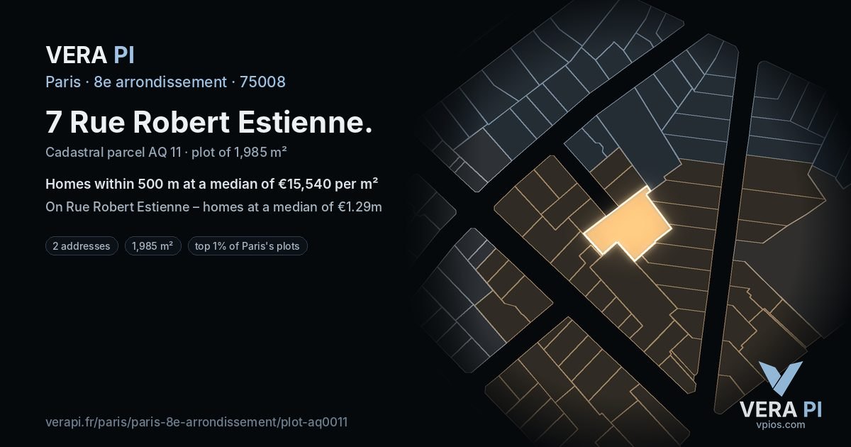 7 Rue Robert Estienne, 8e arrondissement at night – the plot lit, the parcels around coloured by the prices near them