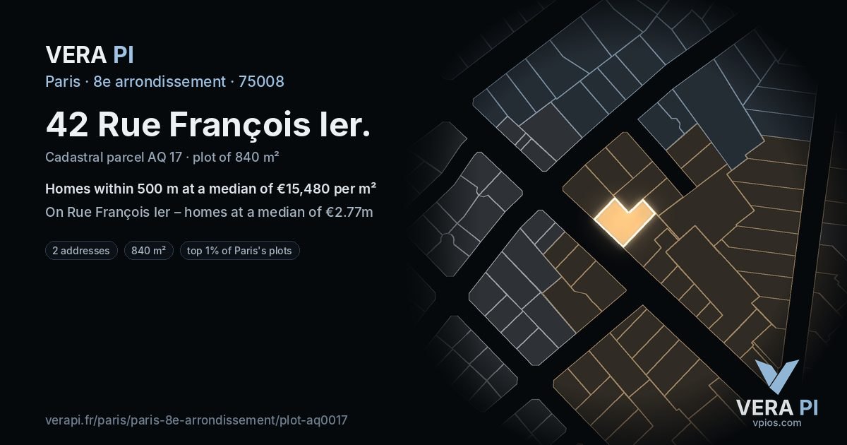 42 Rue François Ier, 8e arrondissement at night – the plot lit, the parcels around coloured by the prices near them