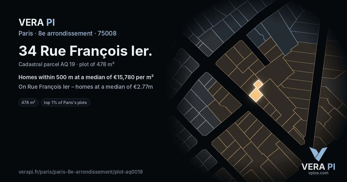 34 Rue François Ier, 8e arrondissement at night – the plot lit, the parcels around coloured by the prices near them