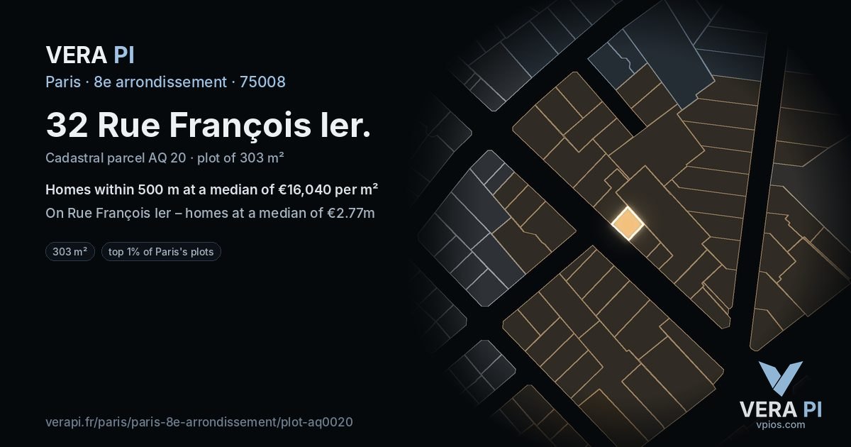 32 Rue François Ier, 8e arrondissement at night – the plot lit, the parcels around coloured by the prices near them