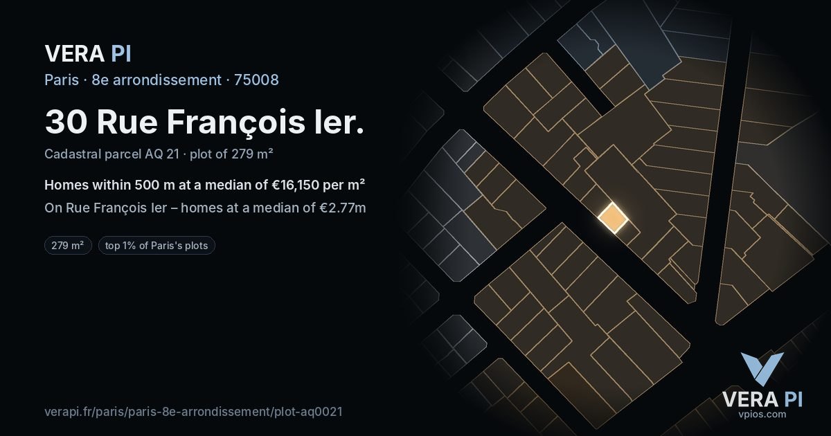 30 Rue François Ier, 8e arrondissement at night – the plot lit, the parcels around coloured by the prices near them