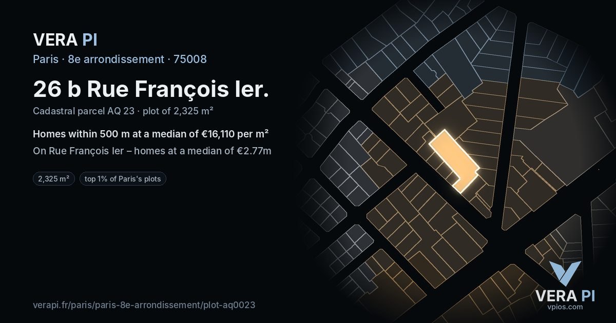 26 b Rue François Ier, 8e arrondissement at night – the plot lit, the parcels around coloured by the prices near them