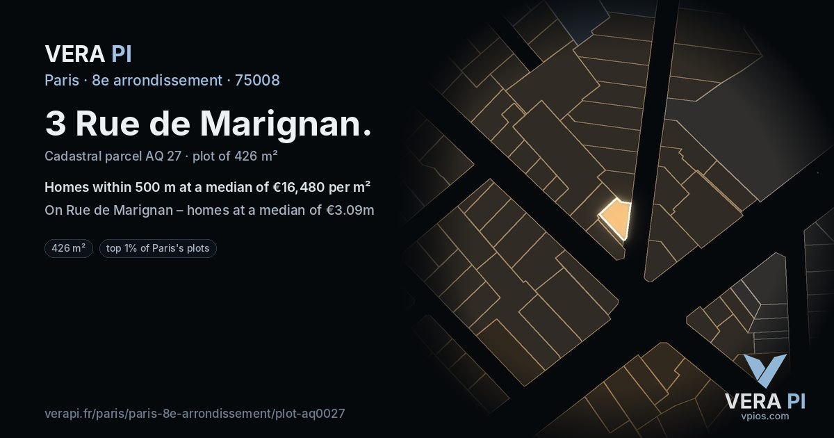 3 Rue de Marignan, 8e arrondissement at night – the plot lit, the parcels around coloured by the prices near them