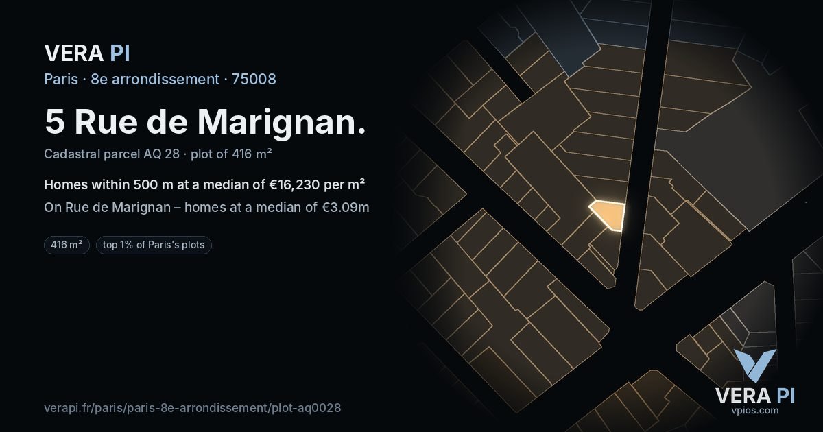 5 Rue de Marignan, 8e arrondissement at night – the plot lit, the parcels around coloured by the prices near them