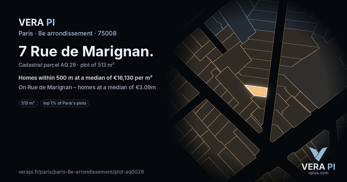 7 Rue de Marignan, 8e arrondissement at night – the plot lit, the parcels around coloured by the prices near them