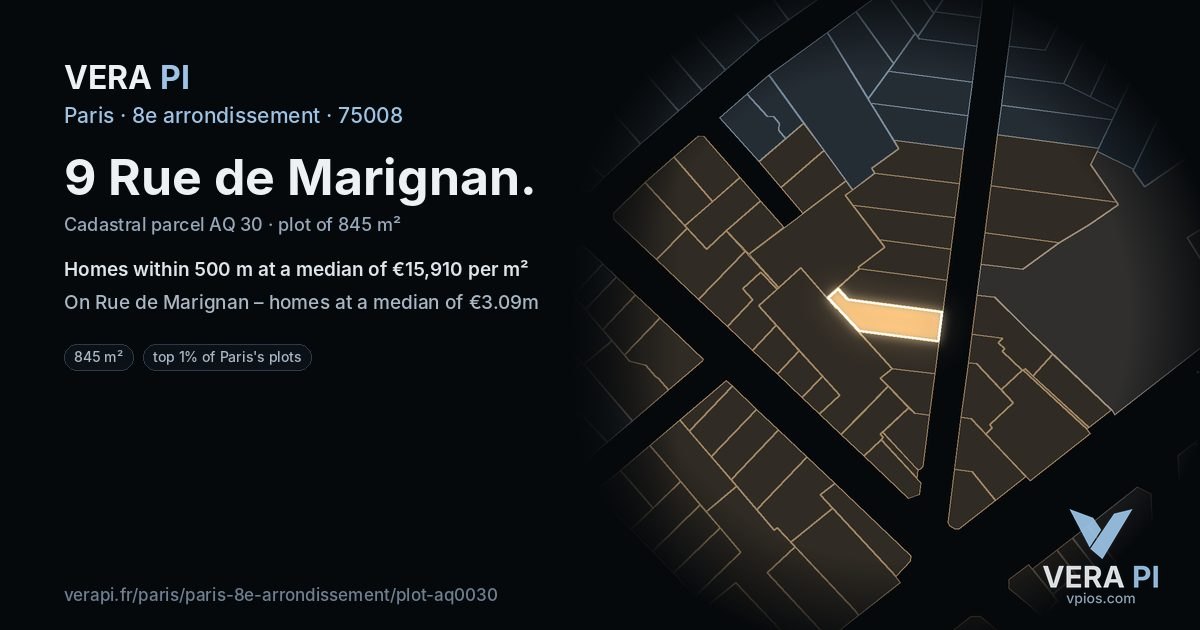 9 Rue de Marignan, 8e arrondissement at night – the plot lit, the parcels around coloured by the prices near them