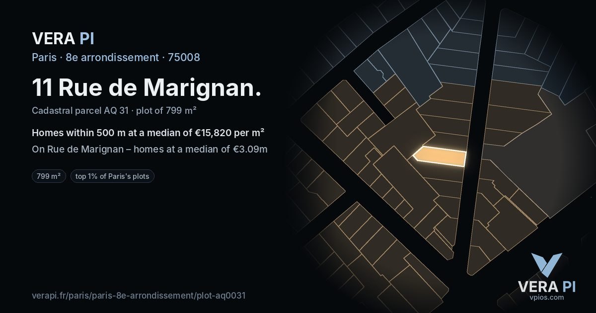 11 Rue de Marignan, 8e arrondissement at night – the plot lit, the parcels around coloured by the prices near them