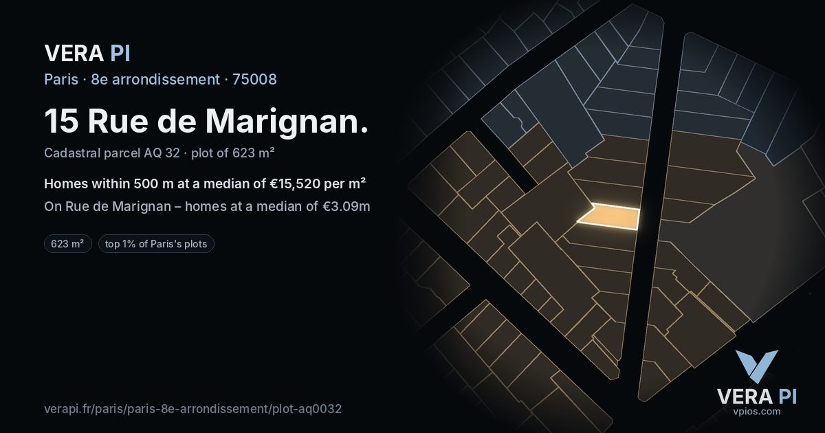 15 Rue de Marignan, 8e arrondissement at night – the plot lit, the parcels around coloured by the prices near them