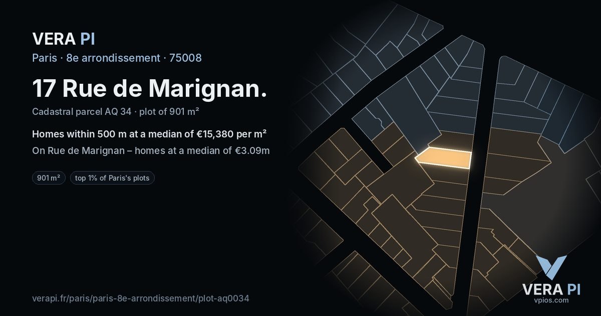 17 Rue de Marignan, 8e arrondissement at night – the plot lit, the parcels around coloured by the prices near them