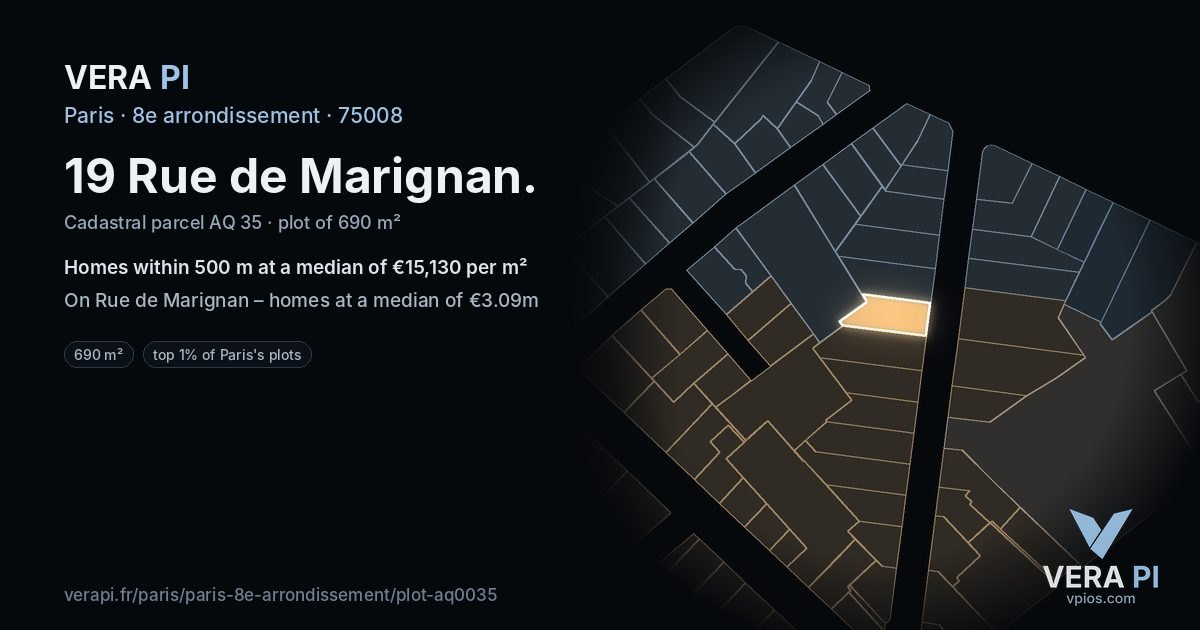 19 Rue de Marignan, 8e arrondissement at night – the plot lit, the parcels around coloured by the prices near them
