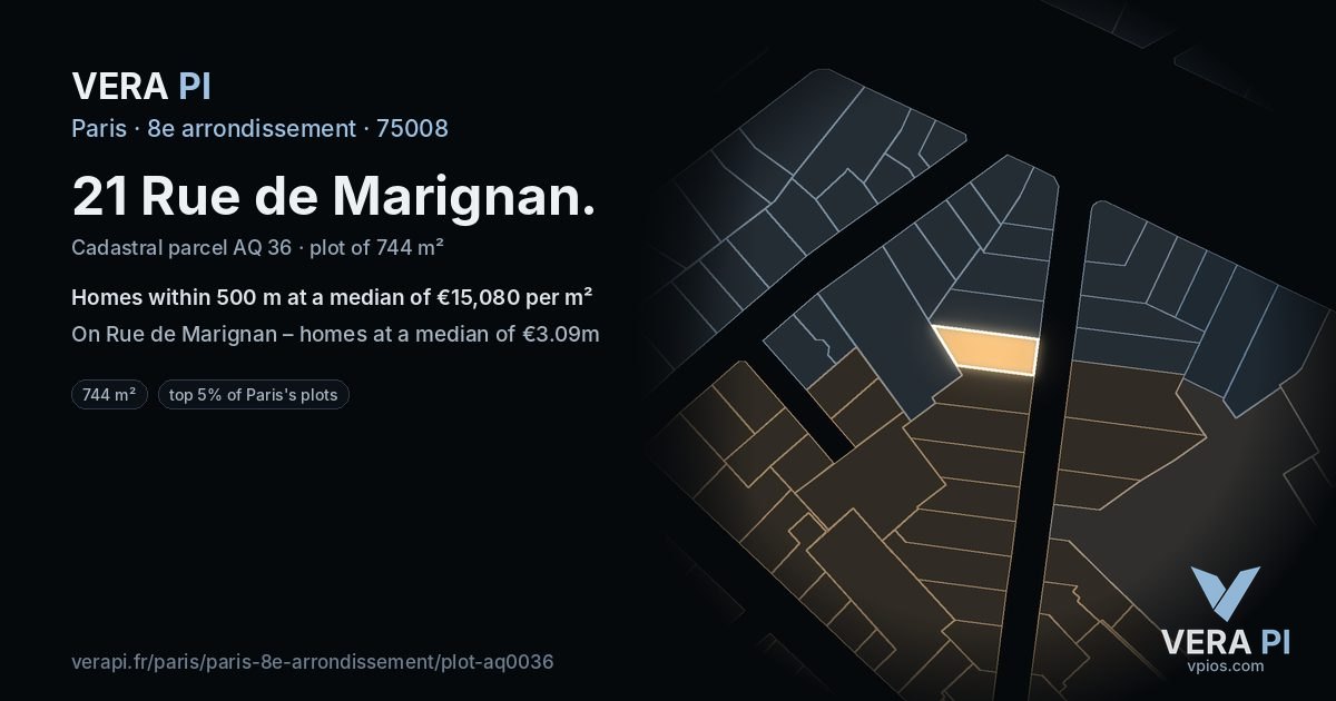 21 Rue de Marignan, 8e arrondissement at night – the plot lit, the parcels around coloured by the prices near them