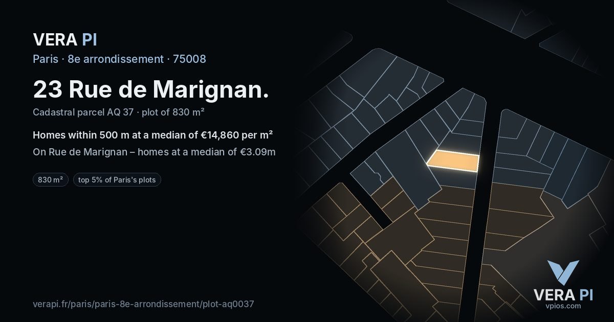23 Rue de Marignan, 8e arrondissement at night – the plot lit, the parcels around coloured by the prices near them