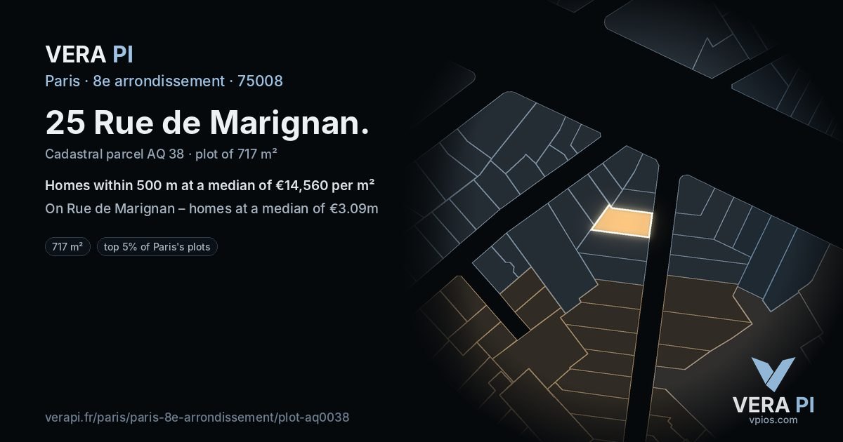 25 Rue de Marignan, 8e arrondissement at night – the plot lit, the parcels around coloured by the prices near them