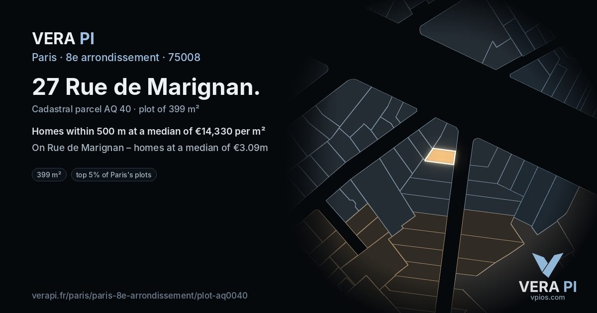 27 Rue de Marignan, 8e arrondissement at night – the plot lit, the parcels around coloured by the prices near them