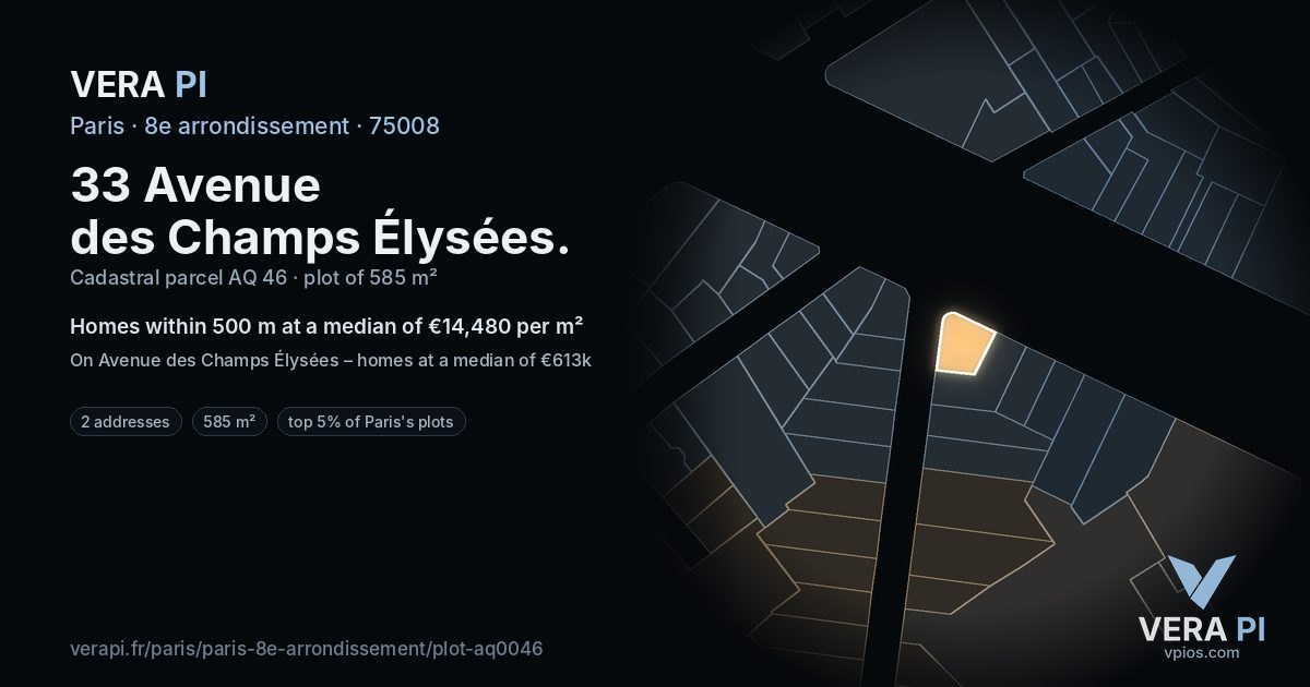 33 Avenue des Champs Élysées, 8e arrondissement at night – the plot lit, the parcels around coloured by the prices near them