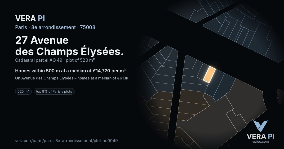 27 Avenue des Champs Élysées, 8e arrondissement at night – the plot lit, the parcels around coloured by the prices near them