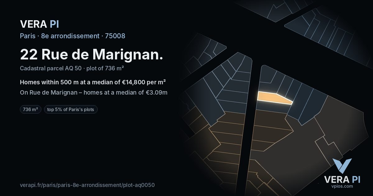 22 Rue de Marignan, 8e arrondissement at night – the plot lit, the parcels around coloured by the prices near them