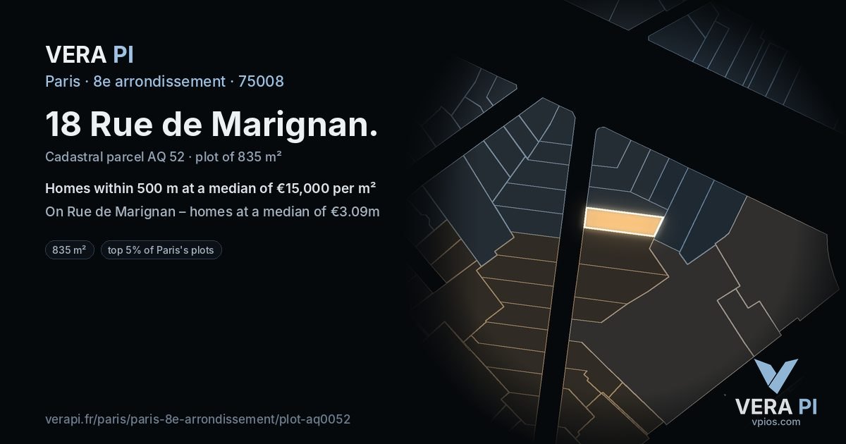 18 Rue de Marignan, 8e arrondissement at night – the plot lit, the parcels around coloured by the prices near them