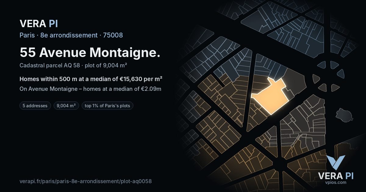 55 Avenue Montaigne, 8e arrondissement at night – the plot lit, the parcels around coloured by the prices near them